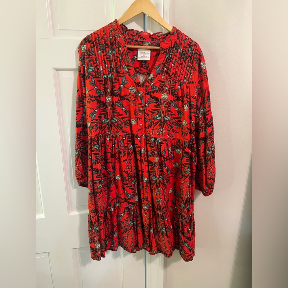 Kelly Louise Judd Red Orange Floral Dragonfly Flannel Long Sleeve Dress size L